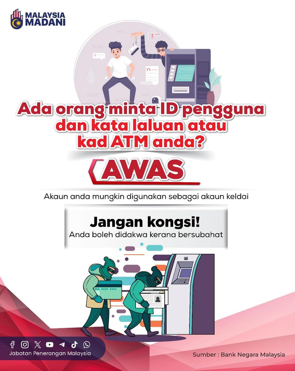 JPenerangan's tweet photo. Jangan kongsi TAC/OTP, nombor kad, PIN, ID pengguna atau kata laluan anda 🚫

Maklumat keselamatan bank adalah sulit—jangan dedahkan kepada sesiapa, terutama pihak tidak dikenali 🔒

#RancakkanMADANI
#MADANIBekerja
#TaatSetia
#JabatanPenerangan https://t.co/n69LFjmjaJ
