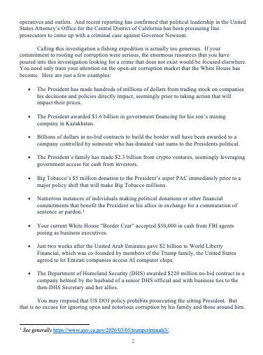 GovPressOffice's tweet photo. NEW LETTER TO ACTING AG TODD BLANCHE: 

Since the beginning of this Administration, President Donald Trump has directed US DOJ to engage in a campaign of political retribution against his perceived enemies. 

Calling this investigation a fishing expedition is actually too generous. If your commitment to rooting out corruption were serious, the enormous resources that you have poured into this investigation looking for a crime that does not exist would be focused elsewhere. You need only train your attention on the open-air corruption market that the White House has become.

Here are just a few examples: