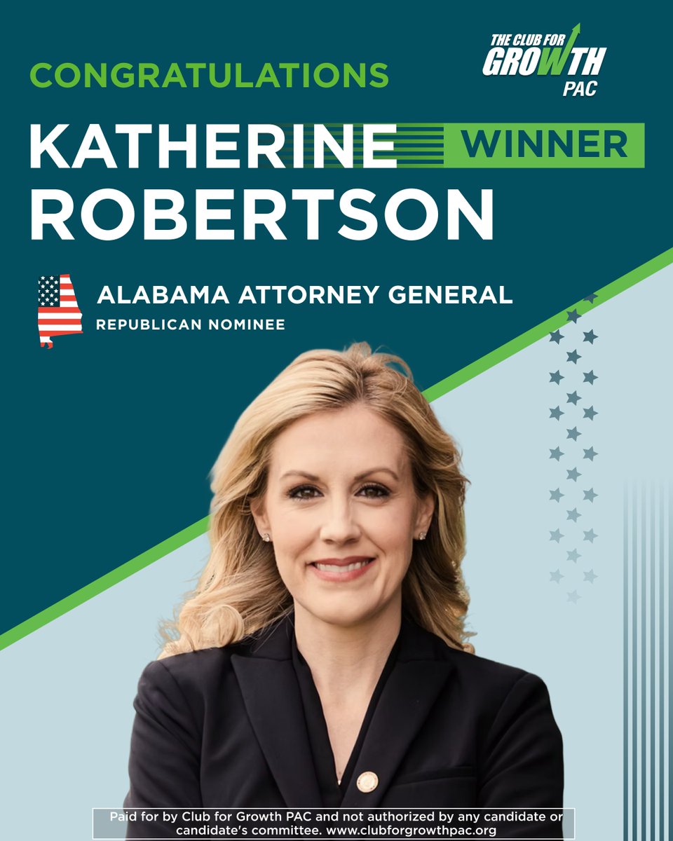 club4growth's tweet photo. 👏Congratulations to Katherine Robertson on winning the Republican nomination for Attorney General of Alabama!

@KGRob27 has spent her career defending the rule of law and protecting Alabama families. We look forward to her continued leadership and service to the Yellowhammer State.

Read more here: https://t.co/RygpM5FC95