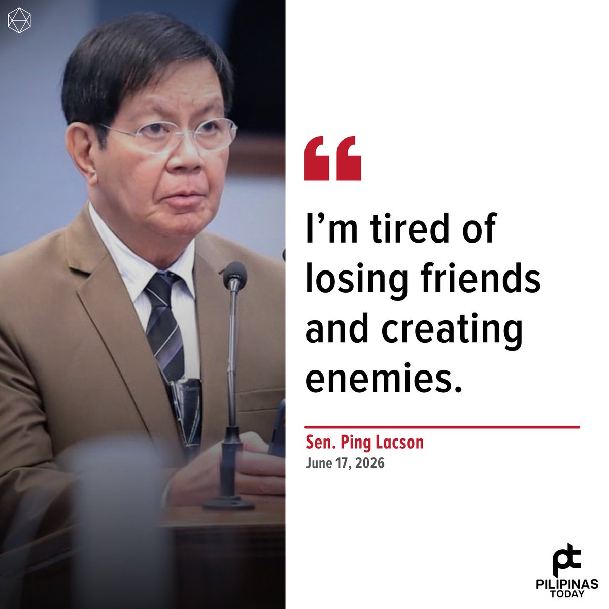 PilipinasToday_'s tweet photo. Tuluyan nang binitiwan ni Senator Panfilo ‘Ping’ Lacson Jr. ang chairmanship ng Senate Blue Ribbon Committee, sinabing mas mayroong mas kuwalipikado sa kanya upang pamunuan ang nasabing komite kontra kurapsiyon at katiwalian.

#PilipinasToday
#PingLacson
#SenatePH
#BlueRibbonCommittee
