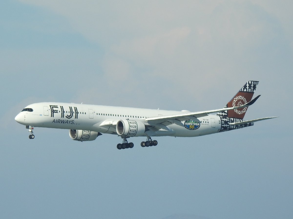 veryboeing's tweet photo. Fiji Airways #A350 -941 #DQFAM with Survivor 50 decal at KSFO https://t.co/xUA0SJugNj