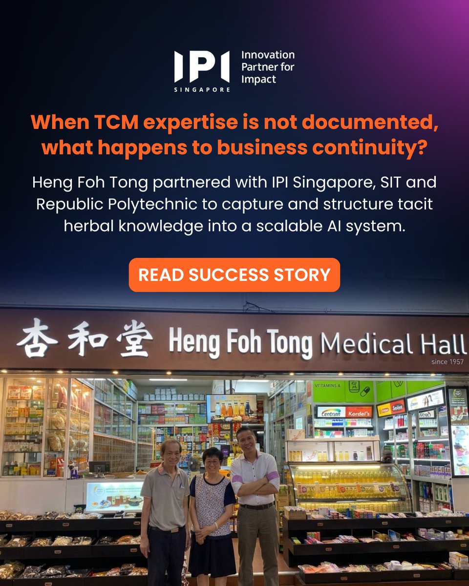 ipisg's tweet photo. From tacit knowledge to scalable growth - with projected 5-digit revenue gains over 3 years. Heng Foh Tong transformed decades of #TCM expertise into an #AI-powered system, improving knowledge transfer and supporting long-term business continuity. https://t.co/dfNwqUtqnE https://t.co/RDXuKirFkO