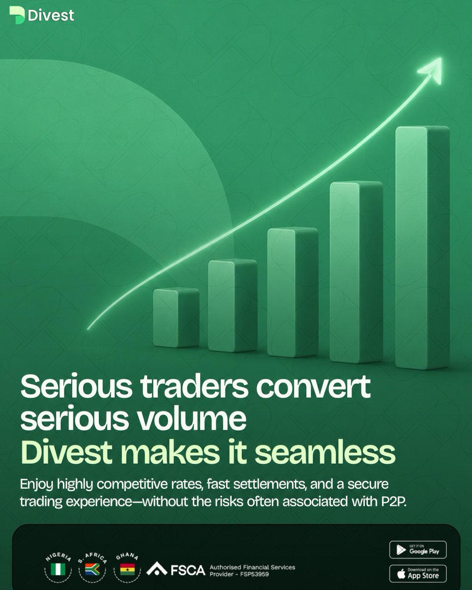 Usedivest's tweet photo. If you're moving serious volume, you can't afford P2P risks. 📈

Divest is built for traders who mean business:
Highly competitive rates that protect your margins
Fast settlements — no holding
Zero hidden fees eating into your profits
Secure platform — none of the P2P drama