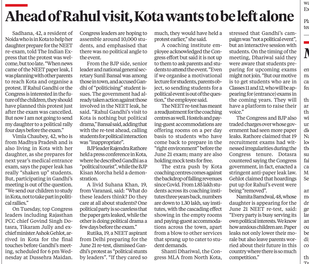 parul_kuls's tweet photo. Kota is caught in the middle of a political battle ahead of Rahul Gandhi’s visit on the NEET paper leak issue. But with the June 21 NEET re-test just days away, many students and parents say they would rather focus on exams than political rallies. My report 👇🏻

#NEET #Kota https://t.co/ydxfPP5BfE