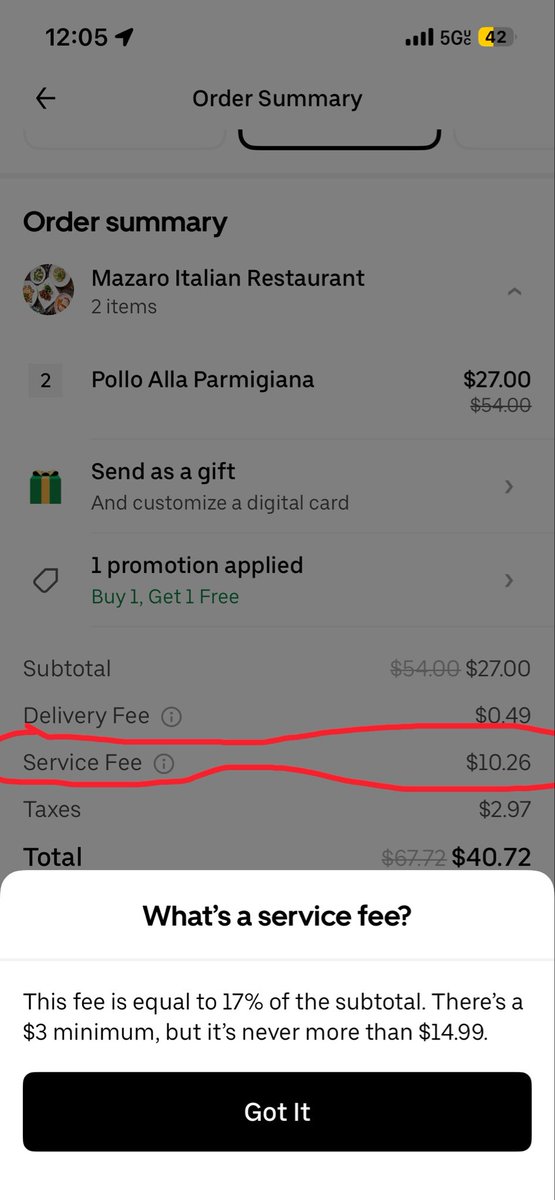 i_D26's tweet photo. The math  just ain’t math-ing @UberEats. Is your business model to prey off of people that are not willing to check each fee you slap on to the order? https://t.co/GA1PrinTJV