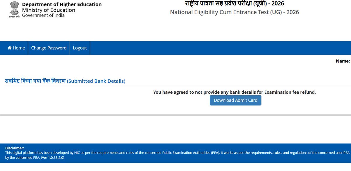 brahmabyte's tweet photo. Dear @NTA_Exams @dpradhanbjp

NEET UG 2026 students are seeing:
"You have agreed to not provide any bank details for Examination fee refund."

This is creating unnecessary confusion during admit card download.

Admit Card and Refund/Bank Details should be kept separate. A correction window must be provided for students who selected the option by mistake.

Please clarify that this will not affect the exam or admit card.

#NEETUG #NTA