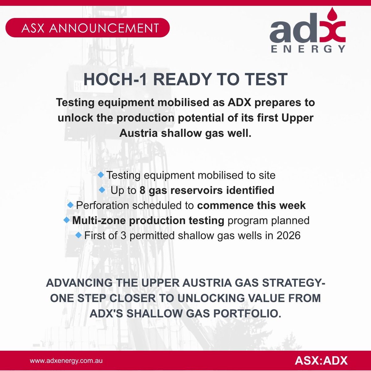 ADXEnergy_'s tweet photo. Testing equipment has been mobilised to site, with perforation and production testing set to commence in the coming week.

8 gas reservoirs encountered marking the first of ADX Energy's three-well shallow gas program in Upper Austria

https://t.co/5ejOjqqQtp https://t.co/2098OawiAw