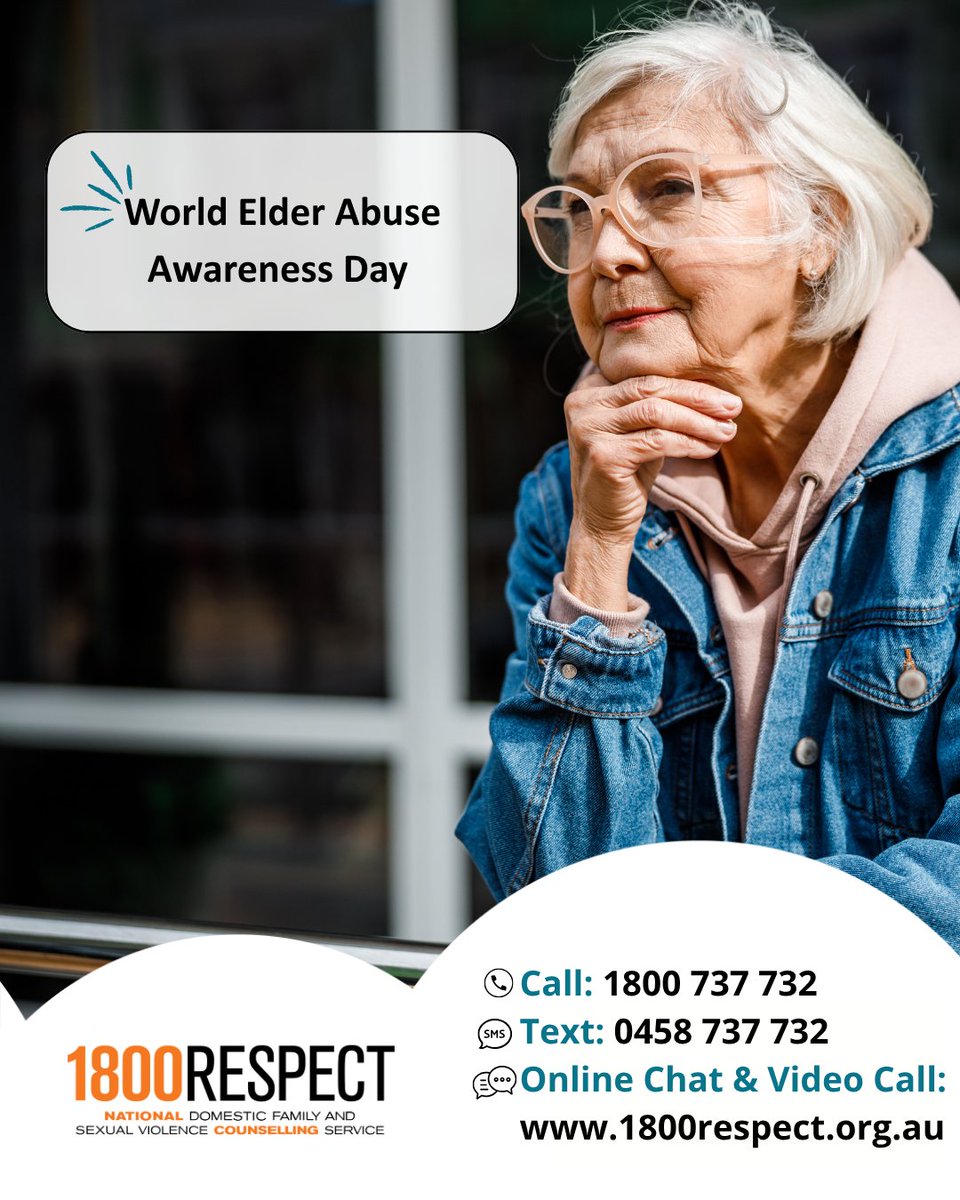 1800RESPECT's tweet photo. Today is World Elder Abuse Awareness Day, a day to raise awareness about the various forms of abuse experienced by older persons.

For older people, it can be difficult to speak up about what is happening, especially in circumstances where they may be dependent on, or living with, a family member or carer who is violent and abusive.

If you are an older person or know an older person experiencing abuse, 1800RESPECT can support you.

📞 Call 1800 737 732  
📱 Text 0458 737 732  
💻 Visit https://t.co/65chOxKh8h for online chat and video call services.

#1800RESPECT #counselling #support #relationships #domesticviolence #familyviolence #sexualviolence #olderpeople #abuseofolderperson #elderabuse #WEAAD #WEAAD2026
