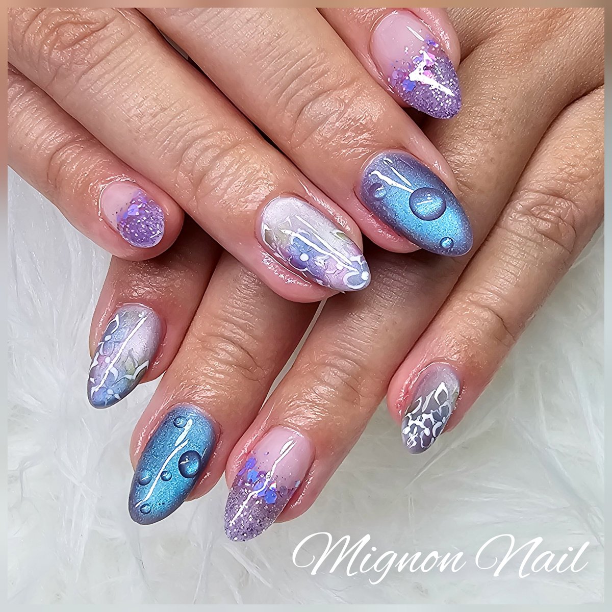 MignonNail's tweet photo. 梅雨×紫陽花デザイン
キラキラマグネットに雨粒☔ふんわりピンク→青紫の紫陽花✨

#板橋区ネイル #大山ネイル #フィルイン #美爪育成 #猫の居るネイルサロン

詳細はこちら↓（ネイルブック）
https://t.co/NvjPlofPfX https://t.co/frKvPo17cu