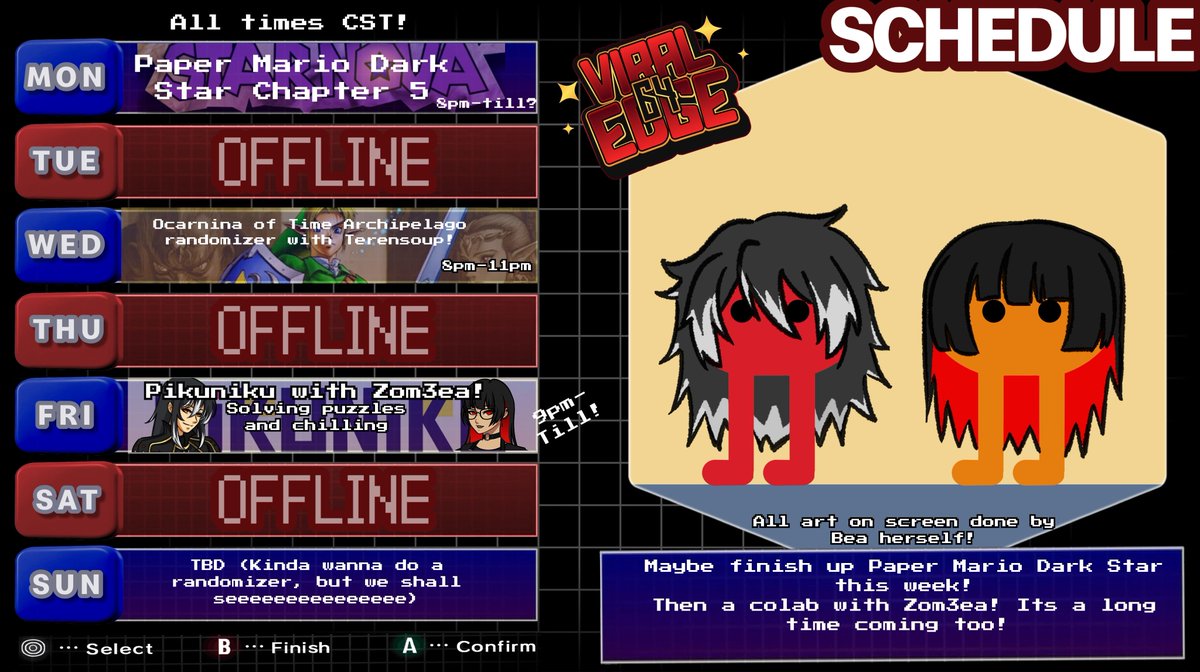 ViralEdge64's tweet photo. Schedule for the week! 

Paper Mario
Randomizers

Pikuniku!? https://t.co/2tqcCIlsQU