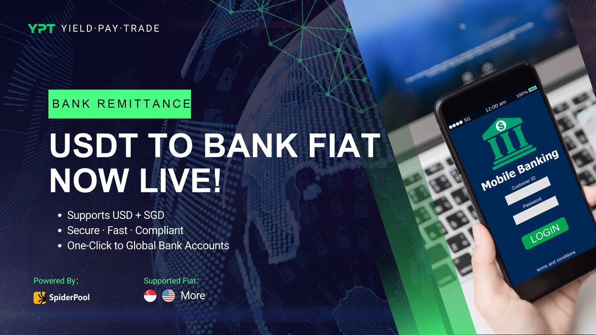 YPT_Official's tweet photo. We are thrilled to announce that YPT’s new “USDT to Bank Fiat Remittance” function is officially launched!You can now directly convert and send USDT to global bank accounts within the YPT App — making withdrawals and payments easier than ever!

Key Features:
🔺Supported Currencies: USDT → USD and SGD
🔺Fast Arrival: Secure and compliant channels, real-time or next-day settlement
🔺Simple Operation: One-click initiation in the App
🔺Global Coverage: Supports major banks worldwide for USD & SGD

Whether for cross-border payments, daily settlements, or large withdrawals, this new feature makes converting your crypto assets into fiat seamless and convenient!

Update your App now and start using it

If you have any questions, feel free to contact customer support or join our official community.
Thank you for your continued trust and support!