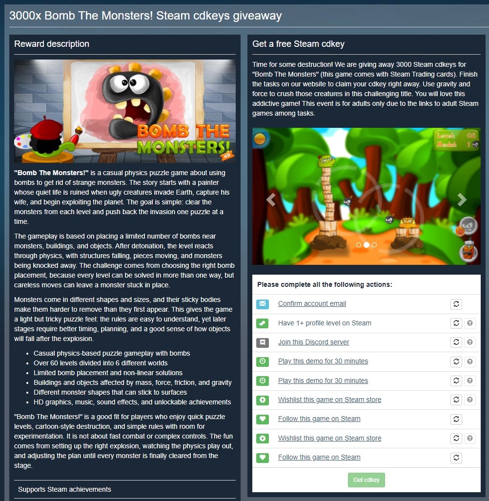 DukeMozzarelli's tweet photo. [STEAM] (TC / +1) Bomb The Monsters!

https://t.co/mQfNuUVMmV

• +1 — YES. • Cards — YES. • Achievements — NO.
https://t.co/sSDSuTHPzh

ASF console command for the game 🔞, which you must play for 30 minutes.
!ala 1647083,1647076
!play asf 4734830,4734810 https://t.co/dXwb77Smlp