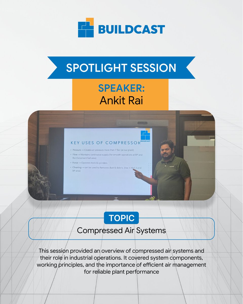 BuildcastLtd's tweet photo. Inside Edge | Session 22

This week, Ayush Tyagi shared insights on reinforcement-related failures in precast elements, while Ankit Rai explored the fundamentals of compressed air systems and their role in industrial operations.

Learning across disciplines. Growing together. https://t.co/HZW3wjUWNu