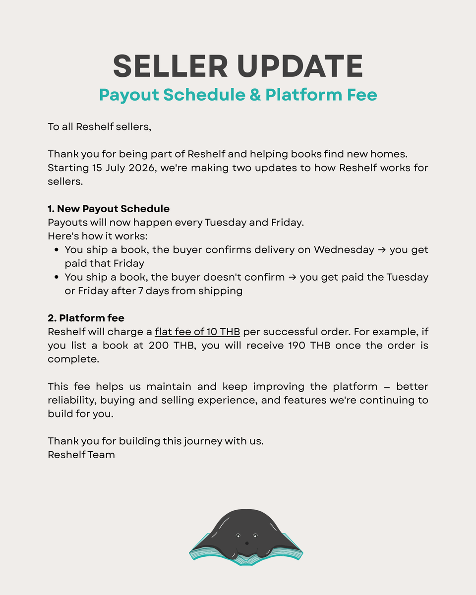 helloreshelf's tweet photo. ANNOUNCEMENT FOR SELLERS — มีผลตั้งแต่ 15 ก.ค. เป็นต้นไป

มีการเปลี่ยนแปลง 2 เรื่องที่อยากแจ้งให้ทราบค่ะ
1. ตารางการรับเงิน (Payout Schedule)
ร้านค้าจะได้รับเงินสัปดาห์ละ 2 ครั้ง ทุกวันอังคารและวันศุกร์

ตัวอย่างเช่น
- ลูกค้ากดรับวันพุธ → รับเงินวันศุกร์
- ลูกค้าไม่กดรับ → รับเงินวันอังคารหรือวันศุกร์ถัดไป หลังครบ 7 วันจากวันจัดส่ง

ดูรายละเอียดเพิ่มเติมได้ที่ภาพแนบค่ะ

2. ค่าธรรมเนียมแพลตฟอร์ม
เริ่มเก็บค่าธรรมเนียม 10 บาท ต่อออเดอร์ที่สำเร็จ 
ตัวอย่างเช่น: ลงขาย 200 บาท → ได้รับ 190 บาท

พวกเราเข้าใจว่าอาจไม่ใช่ข่าวที่ดีที่สุดแต่ขอบคุณทุกคนที่เข้าใจนะคะ 🙏
ทีม Reshelf