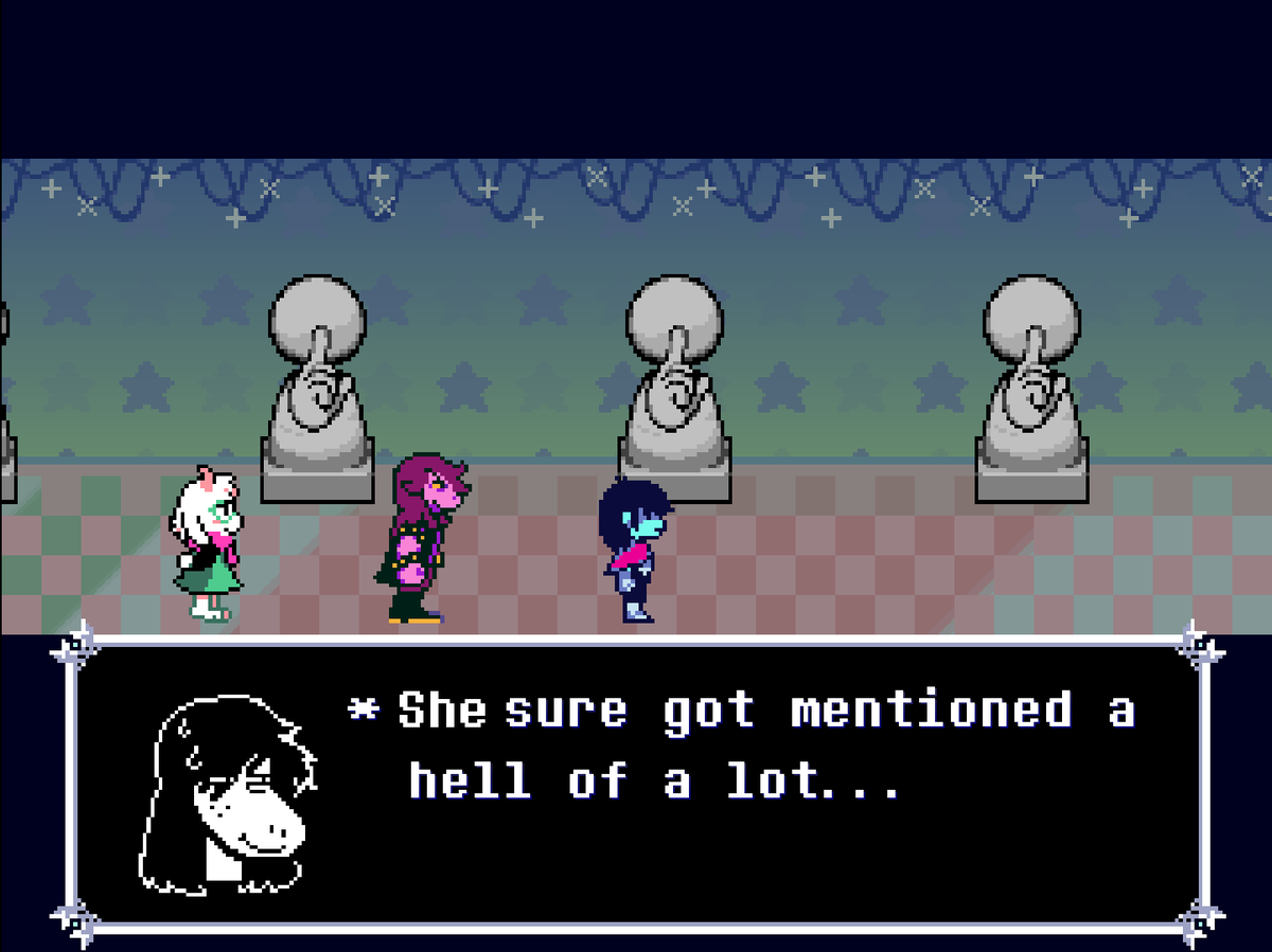 seamholder's tweet photo. the latest dess discussion summarized in one deltarune scene https://t.co/fCTe4Piaj2