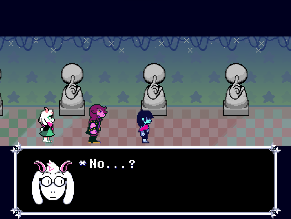 seamholder's tweet photo. the latest dess discussion summarized in one deltarune scene https://t.co/fCTe4Piaj2