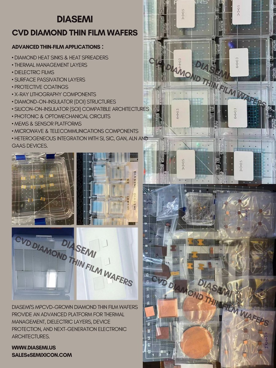 DiamondSemi's tweet photo. DIASEMI's CVD Diamond Thin Film Wafers
sales@semixicon.com
https://t.co/uA2KnsvD67
#CVDDiamond #DiamondThinFilm #SingleCrystalDiamond #PolycrystallineDiamond #DiamondWafer #DiamondMembrane #DiamondHeatSpreader #DiamondHeatSink #ThermalManagement #RFDevices #MicrowaveDevices #GaN https://t.co/FYVS3qZ6t1