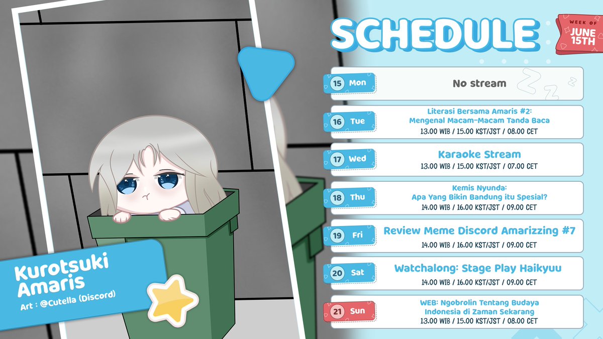 KuroAmaris's tweet photo. ✒️ SCHEDULE 15 - 21 JUNI! ✒️

Hari ini Amaris izin gak stream dulu yaa, tapi gak perlu khawatir karena kita masih bisa ketemu lagi besok di stream!

✒️General: #KurotsukiAmaris
✒️Live: #AmariStream
✒️Fanart: #Artmaris
✒️Meme: #AmariSilly
✒️Clip: #Amarishots
✒️Fan name: Amarizzing https://t.co/3VvJD2rjvo
