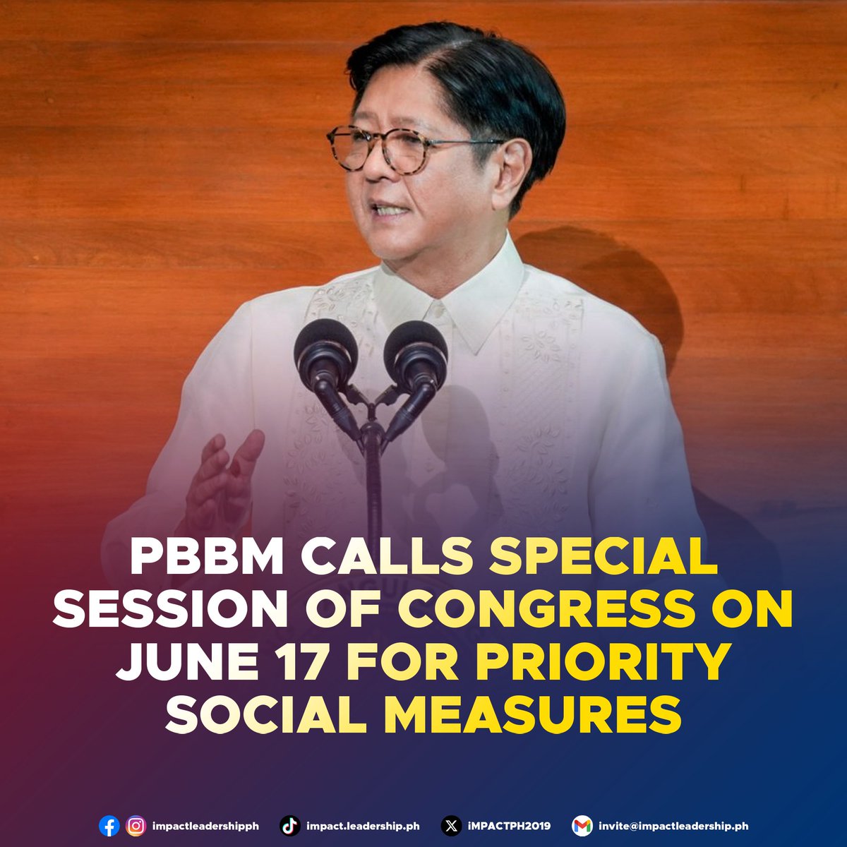 iMPACTPH2019's tweet photo. PBBM CALLS SPECIAL SESSION OF CONGRESS ON JUNE 17 FOR PRIORITY SOCIAL MEASURES

President Ferdinand Marcos Jr. has called Congress to a special session on June 17 to urgently deliberate on a package of priority measures.

https://t.co/ljTsnT2NiO https://t.co/shSPzZT7sF