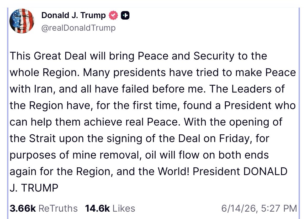 Middle40Percent's tweet photo. The war with Iran is, over? Trump claims a deal is done but Iran didn’t surrender. Nor does anything mention Iran ending its nuclear program. Trump claims the Strait of Hormuz is open, again. Like it was before the war. 

What was our clear objective from the beginning again? https://t.co/4alci9o5R3