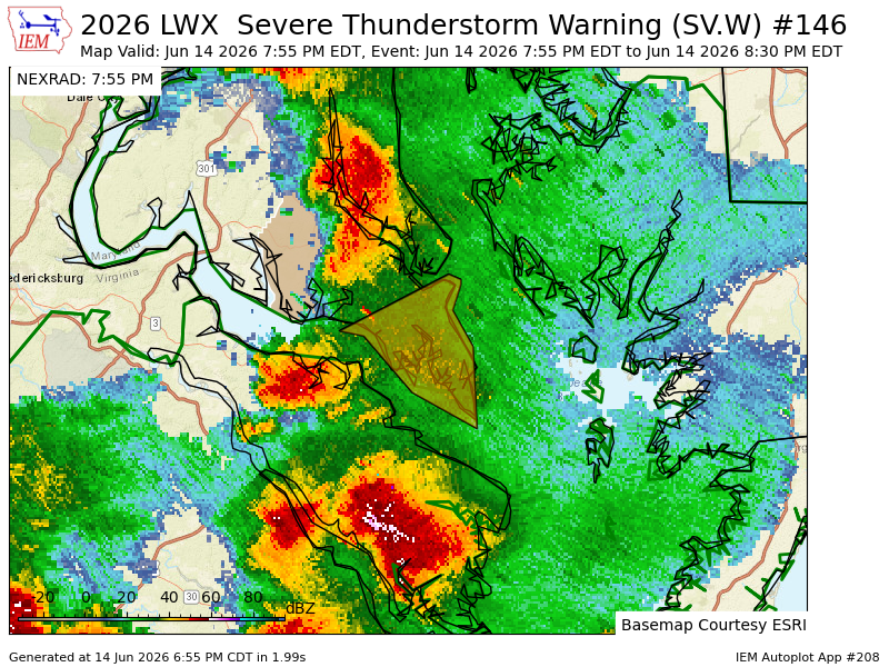 PWXBaltimore's tweet photo. LWX issues Severe Thunderstorm Warning [wind: 60 MPH (RADAR INDICATED), hail: <.75 IN (RADAR INDICATED)] for St. Marys [MD] till 8:30 PM EDT https://t.co/BA9CLlCSmG https://t.co/KmlxTlA9Rh
