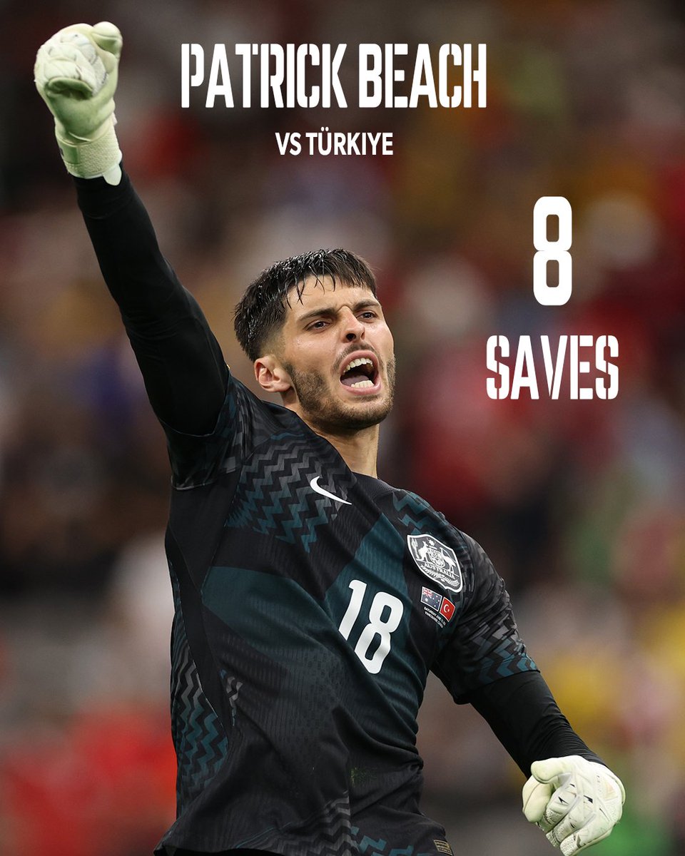 Socceroos's tweet photo. Player in focus: Patrick Beach made 8 saves against Türkiye, the most ever by a #Socceroos goalkeeper at the #FIFAWorldCup. 🔎🏖️🧤

It is also the most by a goalkeeper on their World Cup debut since Rustu Recber (9) vs Brazil in 2002. https://t.co/XWkdvRs1sX