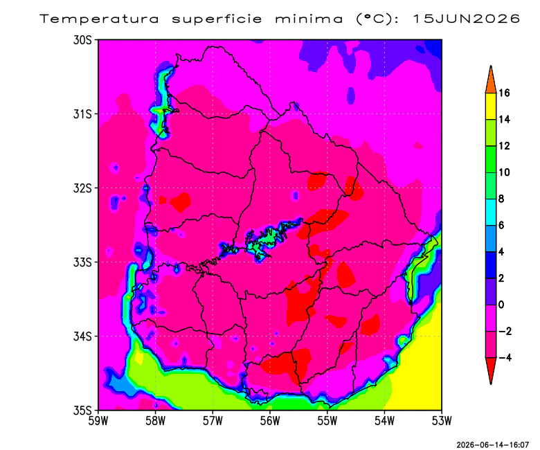mario_bidegain's tweet photo. Temperaturas minimas en superficie (°C) previstas para LUN15jun, sobre #Uruguay , según #WRF . Todo el País (excepto costas) bajo cero, de 0° a -2°C y zona de sierras -2° a -4°C. https://t.co/Qq4e46kI8y