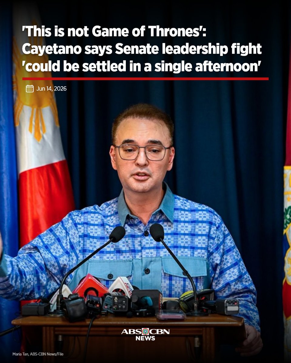 ABSCBNNews's tweet photo. Kinuwestiyon ni Senador Alan Peter Cayetano ang aniya'y pagmamadali sa pagpapalit ng liderato sa Senado sa halip na tutukan ang mga tanong at imbestigasyon kaugnay ng flood control scandal.

Basahin: https://t.co/sIQTKkB6mu https://t.co/5GSgIOkX98
