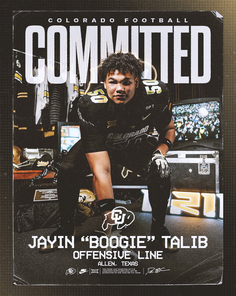 JayinTalib's tweet photo. #AGTG I would like to Thank the whole Colorado staff and announce that I am officially Committed!!! 🦬 #skobuffs

@Coach_Gunnar @DeionSanders @CUBuffsFootball @CUBarstool @CoachLWig @coachjbroom @alleneaglesfb @247recruiting https://t.co/OdfO2OpyHB