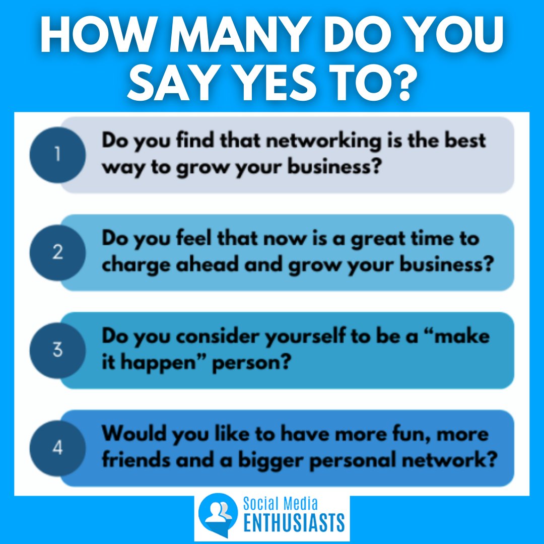 socialmediaenth's tweet photo. Can you answer yes to these four questions? If so, you're already a perfect candidate for our Managing Director program! Learn more about starting a local #SocialMediaEnthusiasts chapter here: https://t.co/FrUZjUq7mn #entrepreneur #buildyourbrand #SMM https://t.co/RNbTzQfuIU