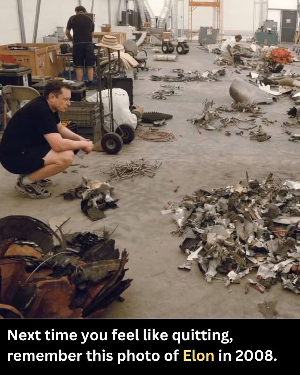 Mr_Husky1's tweet photo. In 2008, Elon Musk was broke, divorcing, and watching his rockets explode one after another.

Three Falcon 1 launches. Three failures. Over $100 million gone. Tesla was days away from missing payroll. He was borrowing money from friends just to cover rent.

This photo was taken after one of those crashes. No breakdown. No press conference. Just a man crouched in the wreckage, thinking about what comes next.
He had enough parts for one more rocket. One last shot.

The fourth launch worked.

Days later, NASA handed SpaceX a $1.6 billion contract. On Christmas Eve 2008, Tesla's financing round closed in the final hour — or 1,200 employees would have gone unpaid two days later.

He later called it the worst year of his life. He also never stopped.

Next time you feel like quitting, remember the man sitting in that wreckage.