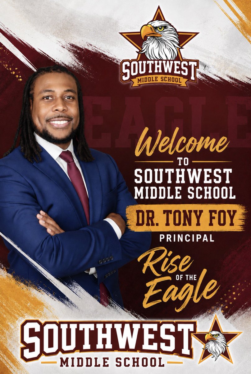 SWMSEagles's tweet photo. Please join us in welcoming Dr. Tony Foy as the new principal of SWMS. A proven leader with a passion for excellence, Dr. Foy begins this journey with a vision rooted in pride, achievement, and the Rise of the Eagle.
@TonyFoy4 @SCCPSS 

♥️💛 
#RiseOfTheEagle https://t.co/qQuotnObbp
