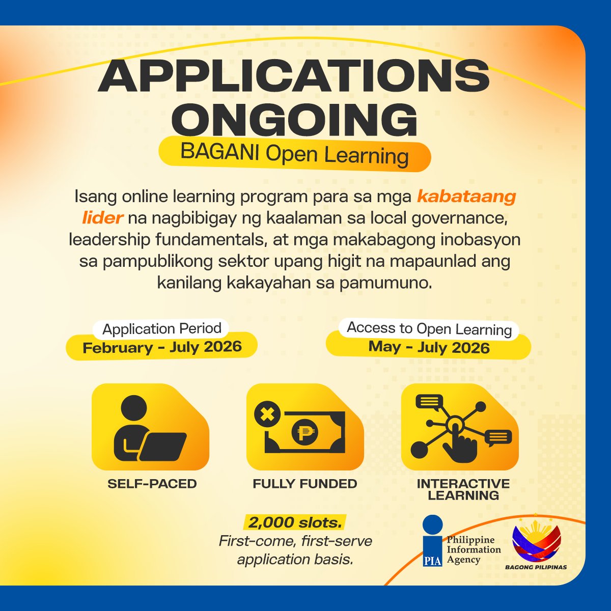 PIADesk's tweet photo. Makabayan. Mahusay. Handa sa paglilingkod. 🙌
Maging bahagi ng BAGANI: Rising Leaders Development Program ng Development Academy of the Philippines at hasain ang iyong kakayahan bilang susunod na lider ng bayan.
#DAP #BAGANI #PIA #BagongPilipinas #ISM https://t.co/juKq9iv3cs