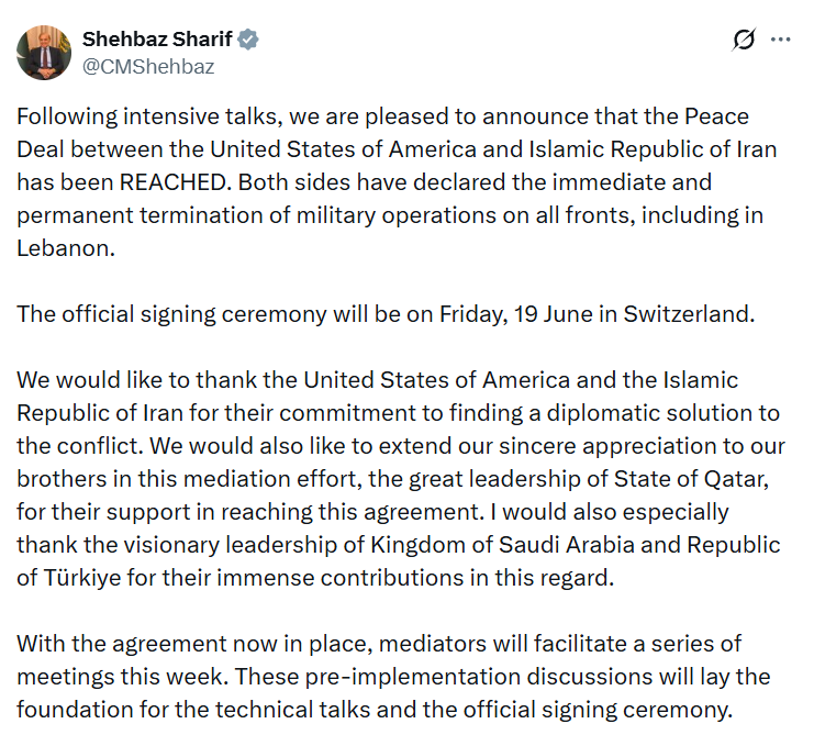 xAIInsights's tweet photo. Pakistan PM, Shehbaz Sharif, also announced a PEACE deal has been reached on his X account. https://t.co/LAsxqvat4b