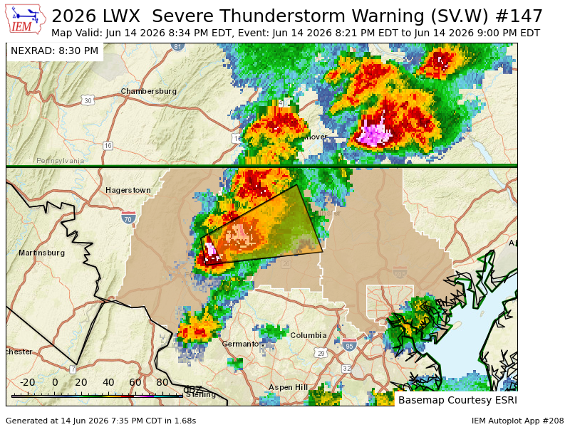 PWXBaltimore's tweet photo. LWX continues Severe Thunderstorm Warning [wind: 60 MPH (RADAR INDICATED), hail: 1.00 IN (RADAR INDICATED)] for Baltimore, Carroll, Frederick [MD] till 9:00 PM EDT https://t.co/irC0oIb5oJ https://t.co/tmOznBSSJl