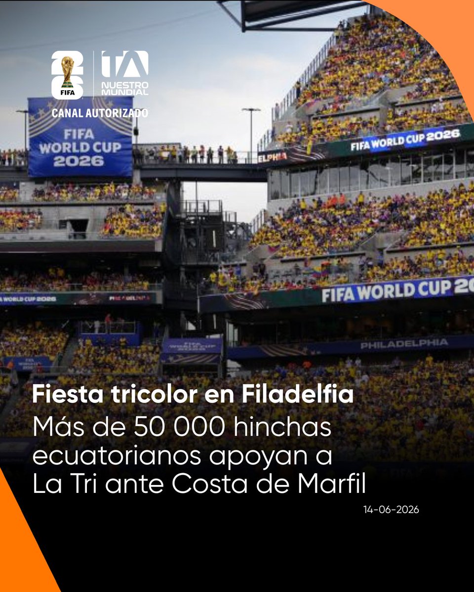 teleamazonasec's tweet photo. #NuestroMundial | Más de 50 000 hinchas ecuatorianos convirtieron el estadio de Filadelfia en una fiesta amarilla para respaldar a #LaTri en su debut frente a Costa de Marfil en el #Mundial2026. https://t.co/tzrxHvVHBU https://t.co/7zOov3OjEm