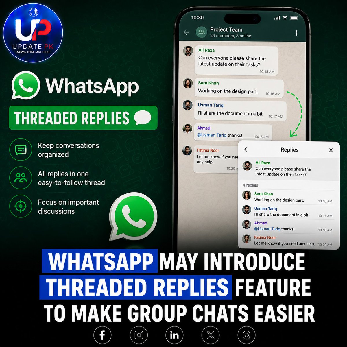 pkupdate's tweet photo. WhatsApp may soon launch Threaded Replies for group chats.
Users will be able to reply directly to specific messages, making conversations cleaner and easier to follow.
Could this be WhatsApp's biggest update of 2026?

#WhatsApp #WhatsAppUpdate #TechNews #Technology #GroupChats https://t.co/4XZDhh19Zz