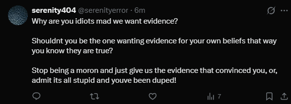 CybrosPrime's tweet photo. @serenityerror @BurzumDraud @DivinelyDesined Look at MY claim, and look at the replies. Including your own. I never asserted God was real, quit being retarded. I asserted that atheists are being picky morons who are hypocritical.
Really take some time to think about what it is I've said, and quit making assumptions. https://t.co/fHWdFkS1M5