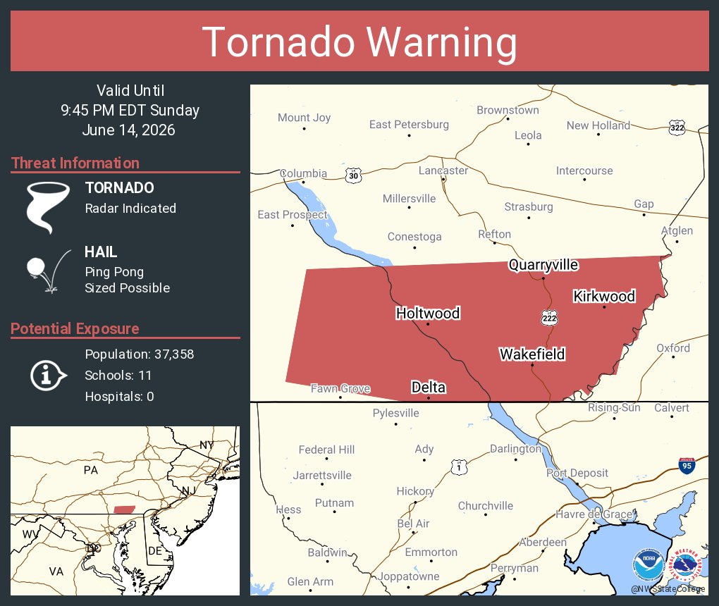 NWSStateCollege's tweet photo. Tornado Warning including Quarryville PA, Delta PA and  Wakefield PA until 9:45 PM EDT https://t.co/ZqBD7Zq9HQ