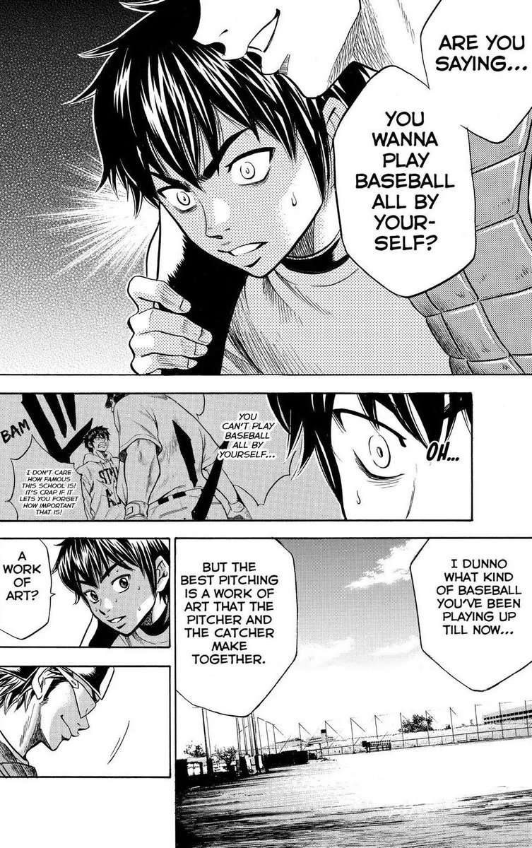 promiyuki's tweet photo. I love how Miyuki and Eijun affect each other on a level that goes beyond just mutual admiration as a battery.  

There are two ways to think about what Miyuki means to Eijun: the influence Miyuki has on his baseball philosophy, and Miyuki Kazuya, the person. https://t.co/Oo3lw18bOj