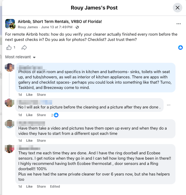 JamesZhang_dev's tweet photo. Day 5 building Cleanproof
Joined Airbnb host FB groups and asked how hosts verify cleanings
Early signal: many still rely on cleaner photos in text / WhatsApp
Found more competitors too
Scary, but useful
Now testing:
remote hosts + independent cleaners + messy photo communication https://t.co/k8N7dnsKTn