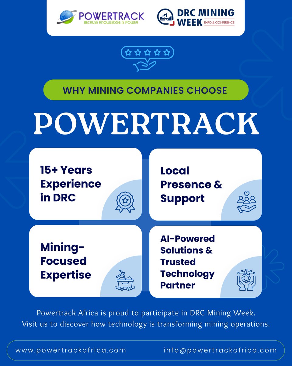 PowerTrack_'s tweet photo. With over 15 years of experience supporting mining operations in the #DRC, #PowertrackAfrica delivers solutions designed to improve safety, productivity, visibility, and operational performance.
#Technology #DRCongo #DRCMiningWeek #SmartMining #Mining #FleetManagement #AI https://t.co/Q9odxUMqc9