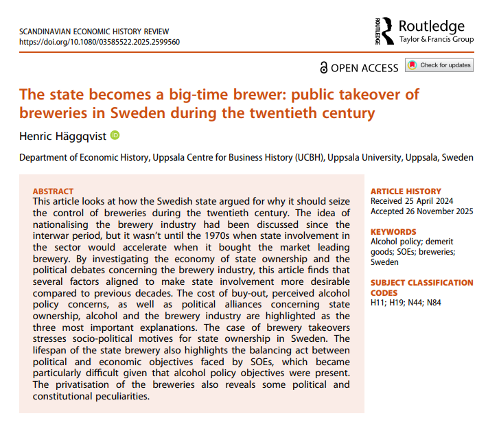 VincentGeloso's tweet photo. In Sweden, nationalization of breweries had been discussed since the 1930s for the purpose of regulating drinking. Until the 1970s, it was repeatedly rejected because purchasing the whole industry would have been prohibitively expensive. It finally did when it nationalized Pripps. 

The state wanted greater control over alcohol production and marketing. But once the state owned the dominant brewery, it behaved in many ways like a profit-maximizing firm with powerful access to the state's other regulatory powers. Its why Pripps became more dominant after nationalization. The state was effectively regulating the beer market while simultaneously being the majority owner of the market leader.

From a public-choice perspective, there is an even deeper irony: the state justified ownership as a way to restrain the market, but ownership gave it incentives to extract more revenues. Honestly, this paper in the Scandinavian Economic History Review really shows a point I have been making for years: if states want to regulate certain aspects of behavior (like drinking or drugs), the worst way to do so is via state ownership and control over production, retail and distribution. 

Paper here: https://t.co/mGc2T5TPF8