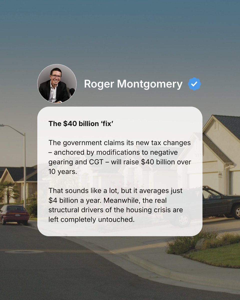 rjmontgomery's tweet photo. Why the 2026 Budget could leave young Australians holding the bill. 

The latest 2026–27 Federal Budget relies on marginal tax tweaks to fix a massive, structural housing crisis – while ignoring billions lost to multinational profit shifting and skyrocketing government spending.

Instead of helping young people buy a home, these changes risk locking them into an expensive rental cycle while the economic drivers of the crisis remain intact. Swipe through to see the real numbers behind the budget. 

#AusPol #FederalBudget #HousingAffordability #AustralianEconomy #NegativeGearing #TaxReform