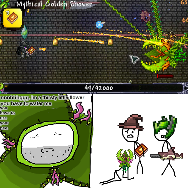 rTerraria's tweet photo. a friend cajoled me into getting this game a week ago. this weapon/boss matchup gave me an intrusive thought which i then uncritically manifested https://t.co/ZCnQ0mUrYY https://t.co/kRA3jIrfFw