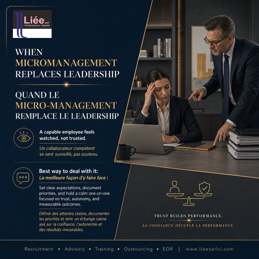 lieesarl's tweet photo. Micromanagement weakens trust.
Clear expectations + autonomy + respectful one-on-one dialogue create better results.
Le micro-management fragilise la confiance.
Des attentes claires + de l’autonomie + un dialogue respectueux produisent de meilleurs résultats.
#Leadership #HR https://t.co/evnsUROTGC