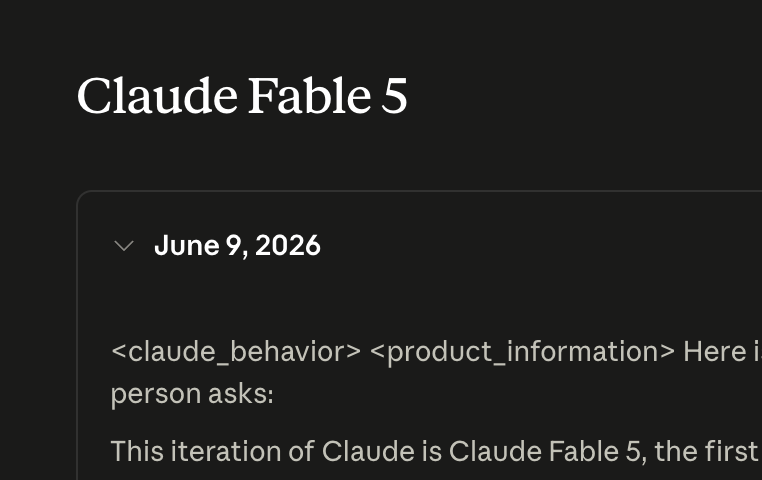 RokuMasuda's tweet photo. Claude Fable 5のシステムプロンプトが公式から出てるの凄いな。

Fable 5の振る舞いが書かれてるし、読むだけでも面白い。

・拒否する領域の線引き
・曖昧な依頼への返し方
・箇条書きやMarkdownの使い方
・どこから先を知らないと言わせるか

あたりも勉強になる。
https://t.co/1V1QMr6Wd6 https://t.co/dEDO3xHY8c