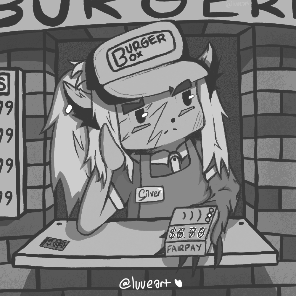 luueart's tweet photo. silver as a fast food employee for a lil art comp i did ! yes 6.70 in the 40's might be expensive but funny number haha : - D

#deadlock #silver #silverdeadlock #deadlockfanart https://t.co/2dmwgPKyp9