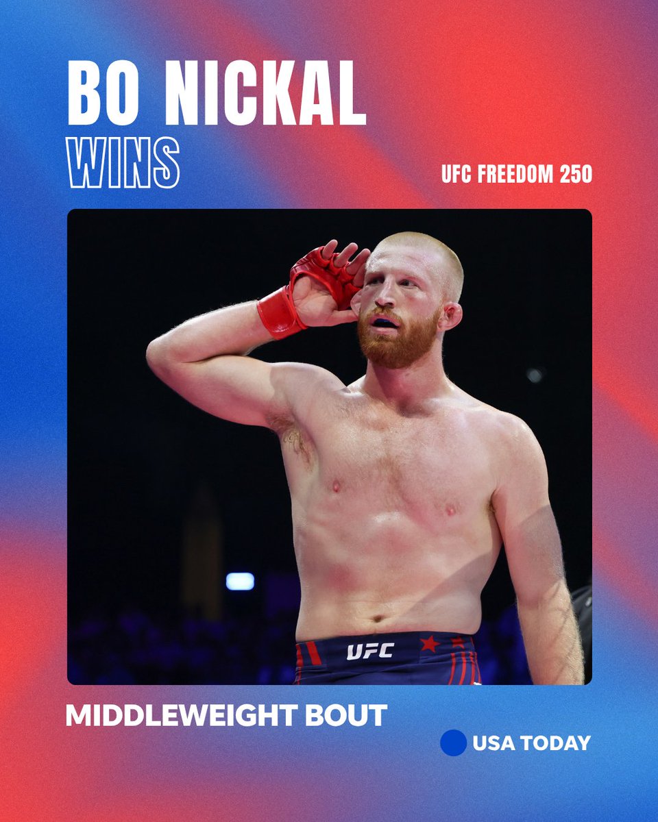 usatodaysports's tweet photo. Bo Nickal landed a combination and down went Kyle Daukaus! It's over. Nickal by TKO. The bout officially ended at 4:34 of Round 1.
๐: https://t.co/ZSU6crA4io
๐ท: Amber Searls-Imagn Images
#BoNickal #UFCFreedom250 #UFCWhiteHouse #UFC #UFC250 https://t.co/UPaZxEEZOW