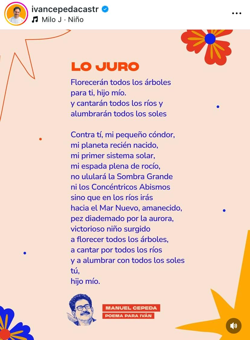 Alexrolapiz1's tweet photo. Mientras @IvanCepedaCast comparte poemas dedicados por su padre, el Matagatos promete destripar a toda la izquierda.

 ¡Somos distintos y vamos a ganar por la vida y el amor!🫰 https://t.co/xDXYszrqbF